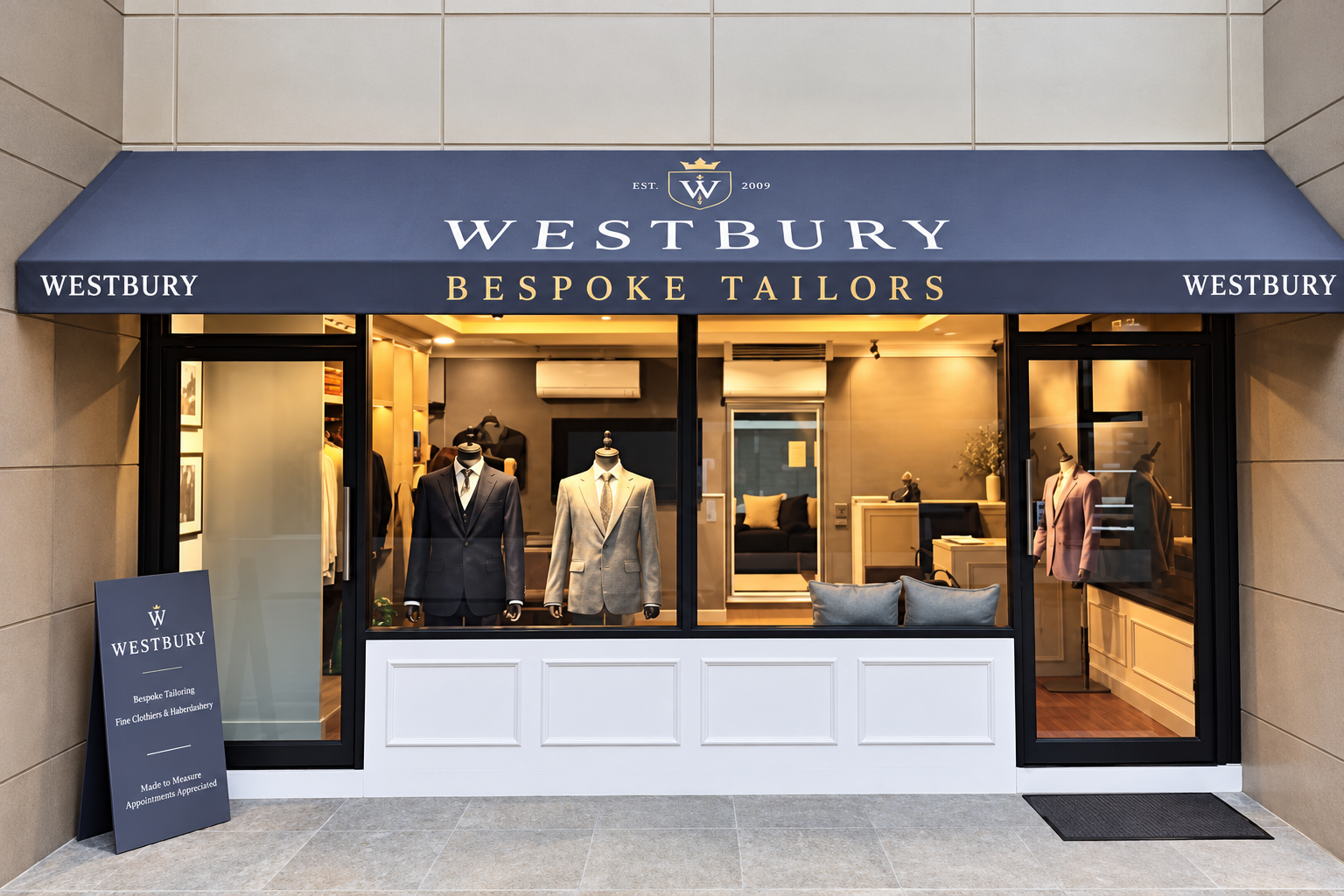 ช่างของ Westbury กำลังลองชุดสูทให้ลูกค้าในห้องเสื้อ